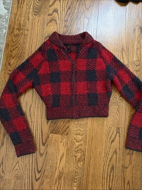 Red and Black Plaid Cropped Zip Sweater